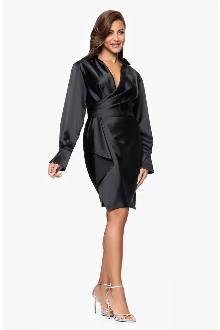 Xscape Evenings Long Sleeve Satin Wrap Cocktail Dress 14 Black NWI
